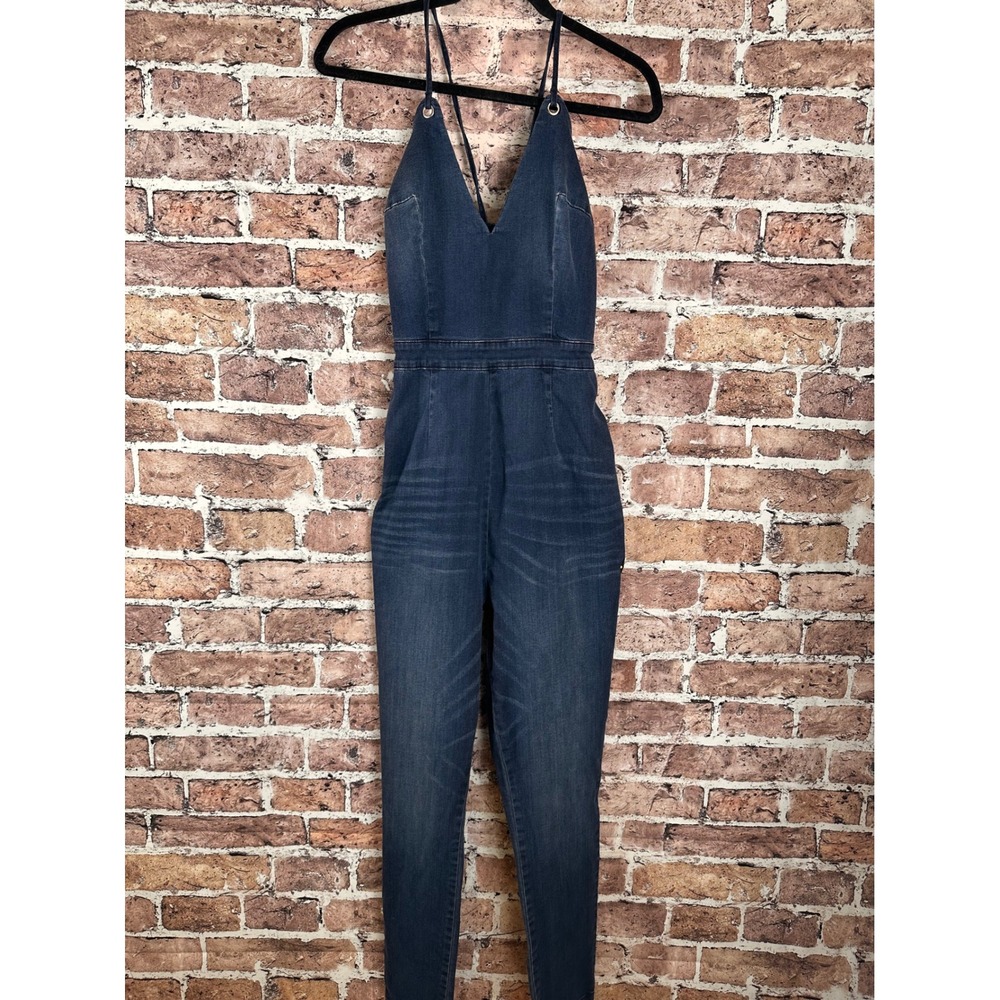 bebe Dark Blue Denim V-Neck Jumpsuit - Picture 4 of 16